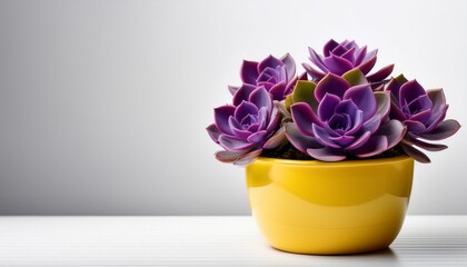 vibrant purple succulents in yellow pot on minimalist white background