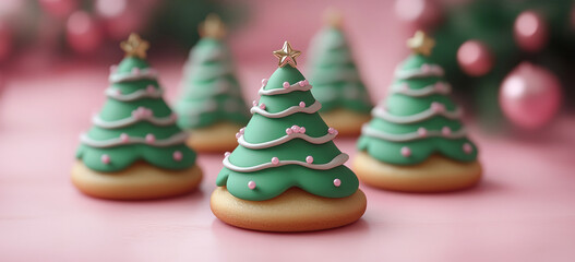 Green Christmas tree cookies, decorated with vibrant royal icing and festive patterns, New Year, gifts, surprises, seasonal joy and celebration.