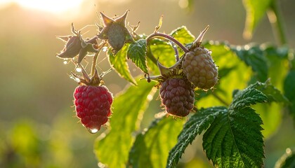 Vibrant raspberries in morning sun