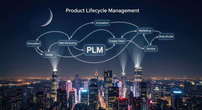 Product Lifecycle Management diagram over a cityscape at night, showing the stages of innovation, design, manufacturing, and marketing.