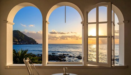 Sunrise ocean view from a bright white room