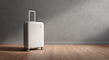 A white suitcase stands on a light-brown wooden floor against a textured light-gray wall.  Sunlight casts a shadow on the wall