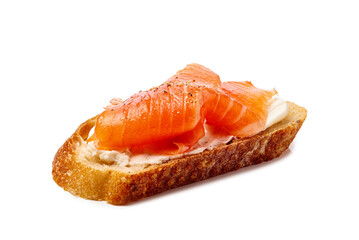 Salmon and cream cheese sandwich or canape with grain bread on white background