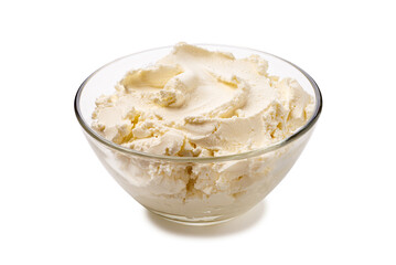 Fresh cream cheese on white background in glass bowl