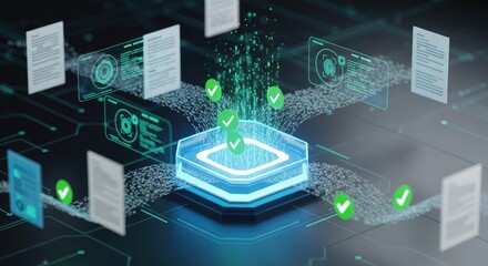 Digital data processing and validation system with documents and glowing checkmarks, illustrating secure information flow and verification.