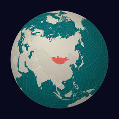 Mongolia on the map. Globe centered to Mongolia. Country location on the world map. Teal Pale Mint color palette. Globe with countries, meridians and parallels. Beautiful vector illustration.