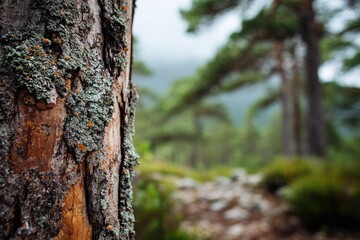 Close-up of a weathered pine tree trunk, with a blurred forest backdrop