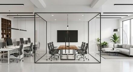 Modern office interior with a glass-enclosed conference room, open workspace, and lounge area.