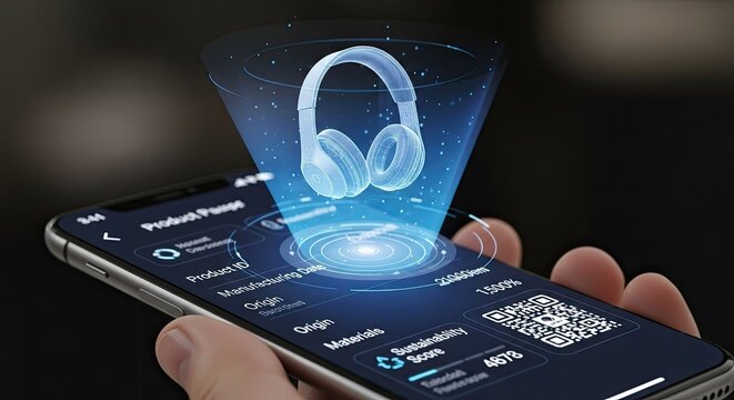 Person holding smartphone displaying augmented reality headphones.