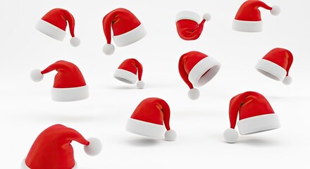 Multiple red and white Santa Claus hats floating randomly against a clean, bright white background, creating a festive holiday pattern.