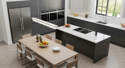 Modern kitchen with dark grey cabinetry, white countertops, a large island, and a wooden dining table with chairs, featuring stainless steel appliances.