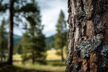 Fototapeta premium Close-up of weathered tree bark, with a blurred forest and meadow background