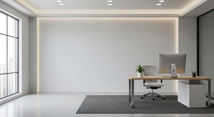 Modern minimalist office interior with large window and simple desk setup.