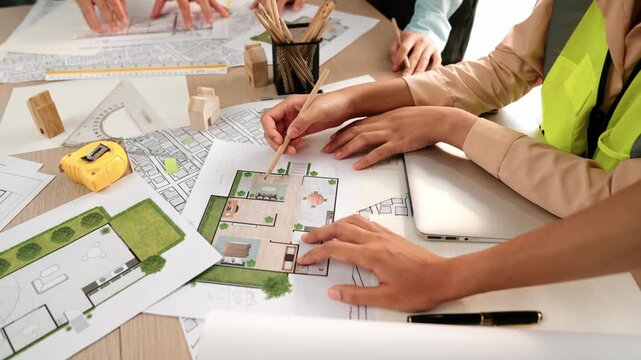 Smart architect and safety engineer discussion about building blueprint on table with architectural document, measurement tools and wooden block scatter around at modern office. Closeup. Delineation.