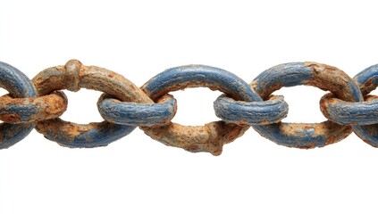 Obraz premium Rusted metal chain links against white background. A section of a chain, showing links with a faded blue paint over a base of rusty metal. The chain lies horizontally across the image
