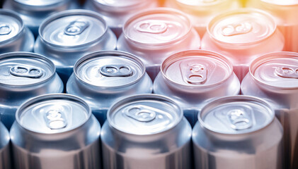 Rows of sealed aluminum cans in modern beer factory production line, sunlight