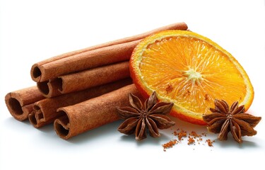 Cinnamon sticks, orange slice, and star anise on white background