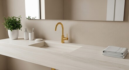 Close-up of a modern bathroom vanity with a gold faucet and light beige countertop.