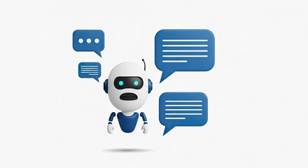 A cute, friendly robot with glowing eyes, surrounded by speech bubbles, symbolizing communication and artificial intelligence.