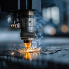 Industrial metal cutting machine in action.  Smoke and sparks erupting from nozzle