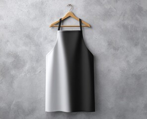 Black and white apron hanging on a wooden hanger against a textured gray wall