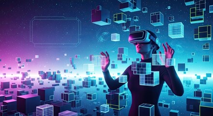 Woman wearing VR headset interacts with holographic cubes in a futuristic digital environment.