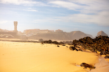 Santa Cruz, Torres Vedras, Portugal. 10 September 2025. Iconic tower overlooking Santa Cruz beach...