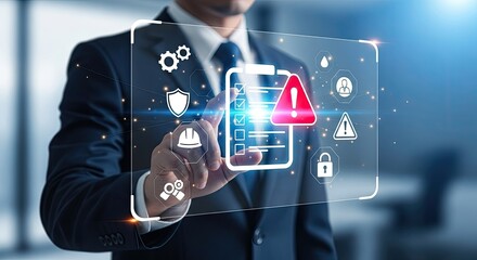 Businessman interacting with a digital interface, highlighting risk assessment and data security.