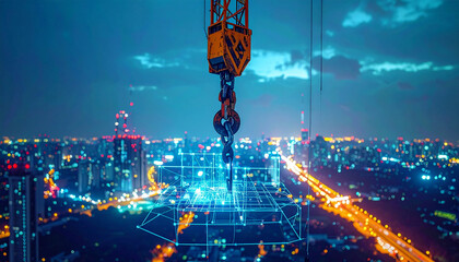 Cityscape under Construction: A towering crane looms over a vibrant cityscape, illuminated with bright lights. The image combines elements of construction with a futuristic, digital overlay.