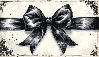 Elegant, ornate, vintage-style illustration of a meticulously drawn black ribbon bow, accented by aged paper texture.