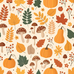 Seamless pattern of autumn pumpkins, mushrooms, and leaves in flat style, perfect for seasonal decoration, fabric design, and digital backgrounds.