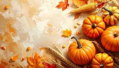 Autumnal harvest scene with pumpkins, leaves, and wheat displayed on a textured surface.