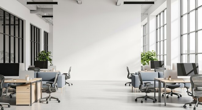 Bright and modern open-plan office space with multiple workstations, large windows, and potted plants, ready for work.