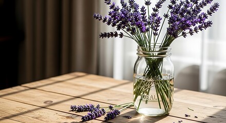 A bouquet of lavender flowers in a vintage mason jar, resting on a rustic wooden table, soft sunlight, shallow depth of field, gentle and calming atmosphere.