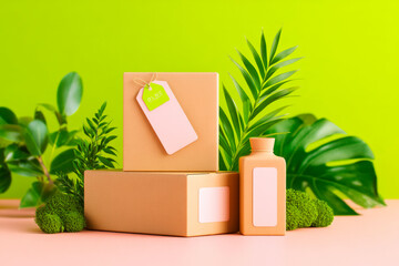 A professional mockup of stacked kraft boxes with tape and labels