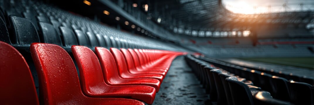 Empty stadium seats glistening with raindrops during a cloudy afternoon before a major sports event