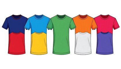 Colorful t-shirts displayed in a horizontal row, showcasing various vibrant hues and a simple design.