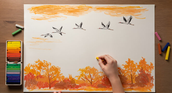 Child's hand draws autumn landscape with migratory birds on canvas with pastel chalks