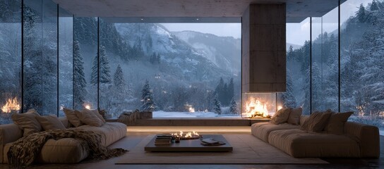 Modern winter living room with panoramic snowy mountain views.  Large windows frame a snowy landscape.  Beige sectional sofas flank a stone fireplace.  Cozy, minimalist style
