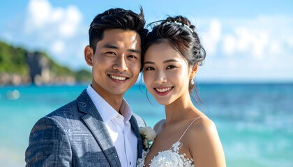 Smiling couple in wedding attire on a beach with clear water and green cliffs in the background