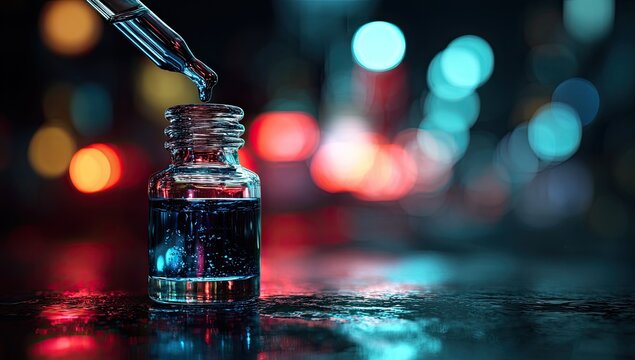A glass dropper dispenses a dark blue liquid into a small, clear glass bottle.  Bokeh lights of red and teal blur the background