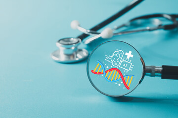 A magnifying glass on an AI and DNA icon. A concept for using Artificial Intelligence in genetic research, analyzing the human genome, and the future of biotechnology and science.