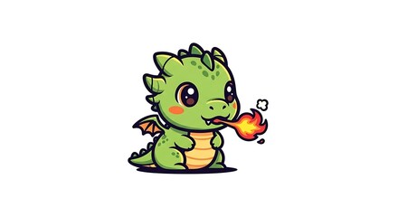 Fototapeta premium A cute green cartoon dragon with big eyes is breathing fire on a white background illustration