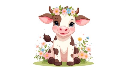 A charming little cow, adorned with a floral crown, sits amidst a colorful flower arrangement.