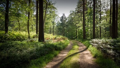 Fototapeta premium a serene woodland scene with a dirt path meandering through it