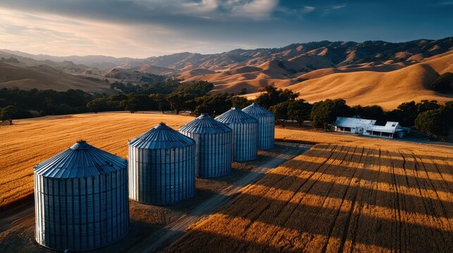 Aerial view of weathered grain silos on a rustic farm, surrounded by golden wheat fields under late afternoon sunlight, ideal for agriculture or rural lifestyle concepts.