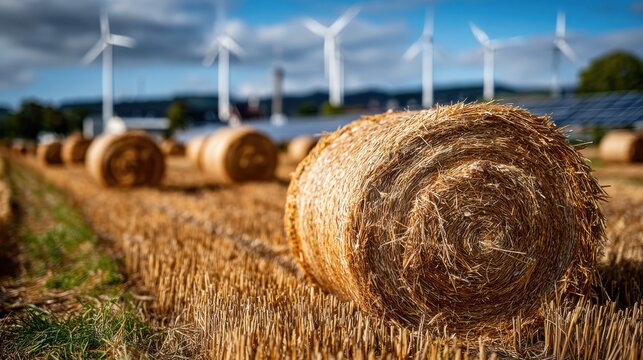 Hay bales in a field with wind turbines in the background, representing sustainable agriculture and renewable energy.