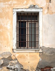 Aged window on a weathered wall