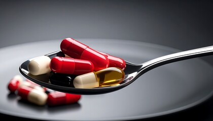 Assorted pills on a spoon over a plate