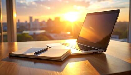 Laptop on a desk at sunset overlooking a city